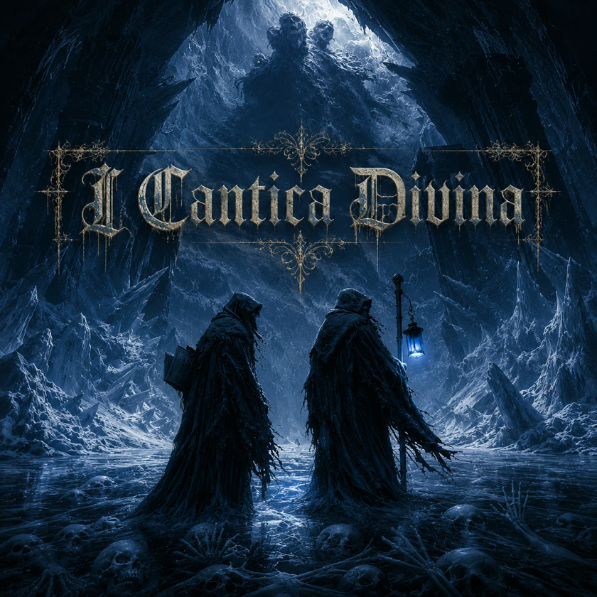 Inferno album cover — two hooded figures on a frozen abyss beneath the Cantica Divina title